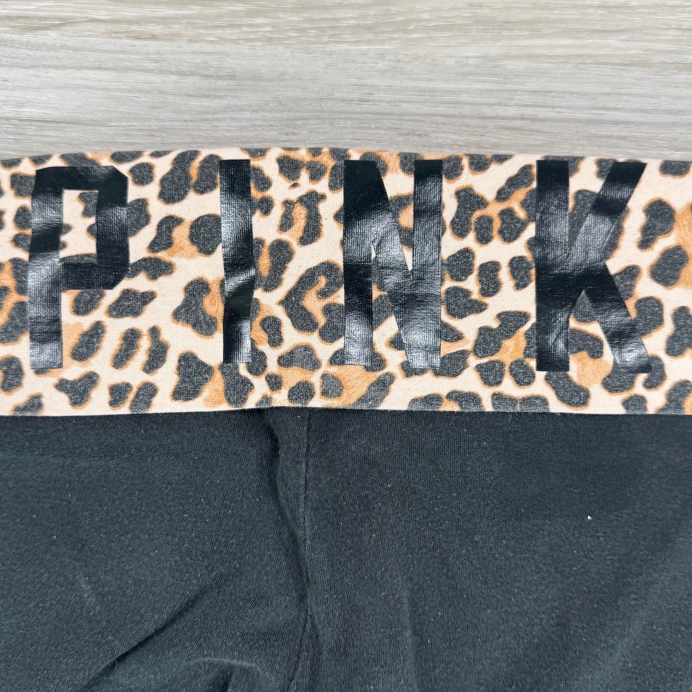PINK Victoria's Secret Black Leopard Print Foldover Yoga Capri Leggings Womens M - Picture 11 of 12